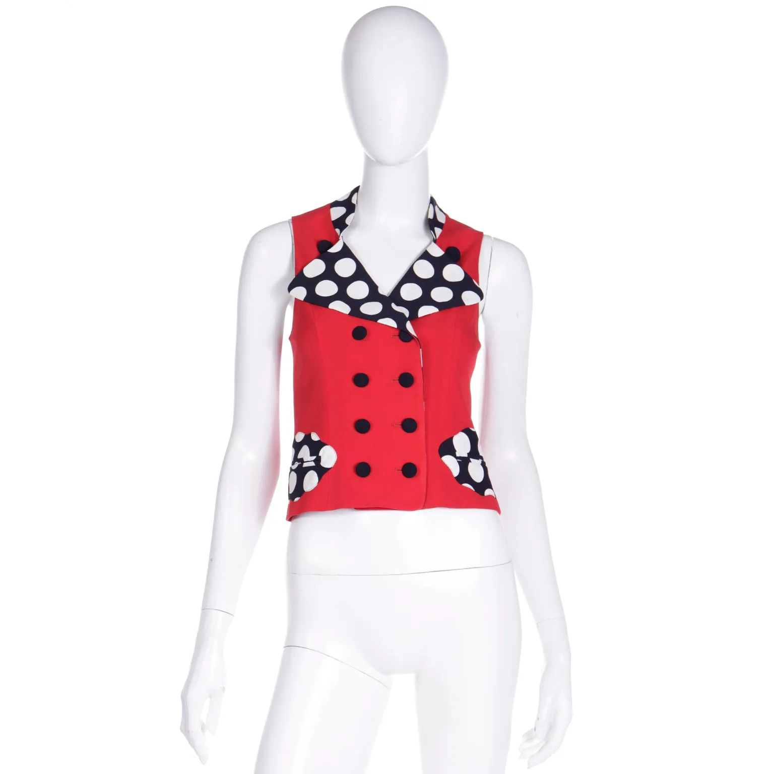 1990s Franco Moschino Red Vest w Black & White Polka Dots