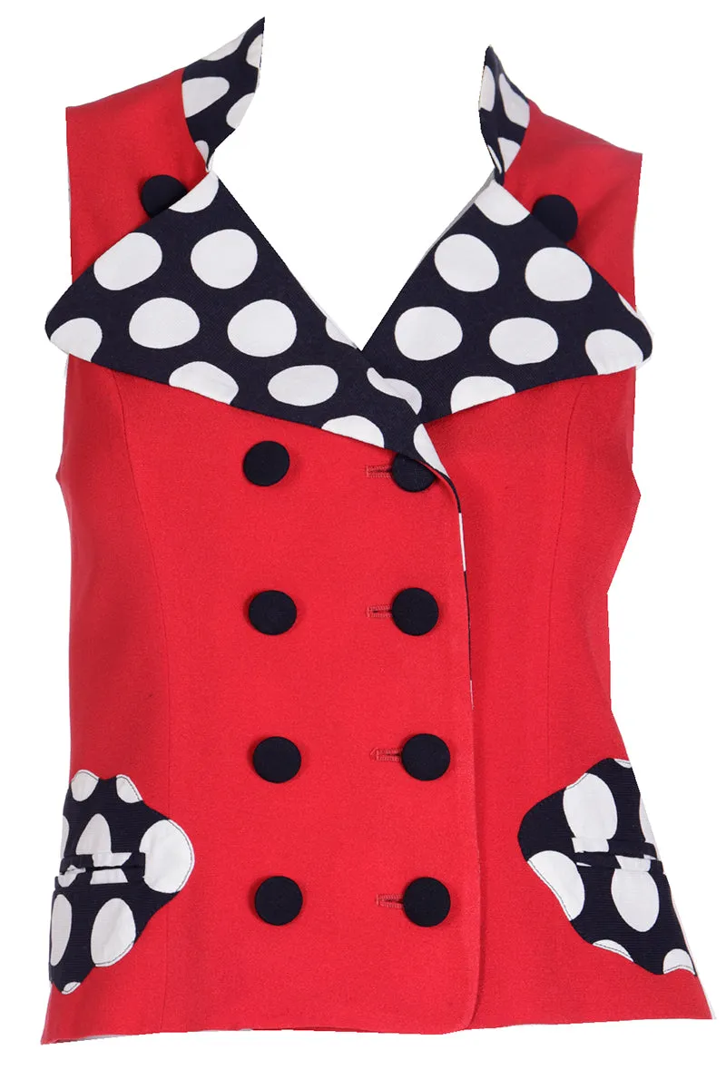 1990s Franco Moschino Red Vest w Black & White Polka Dots