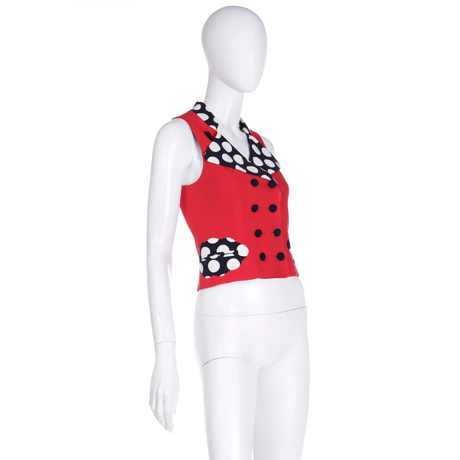 1990s Franco Moschino Red Vest w Black & White Polka Dots