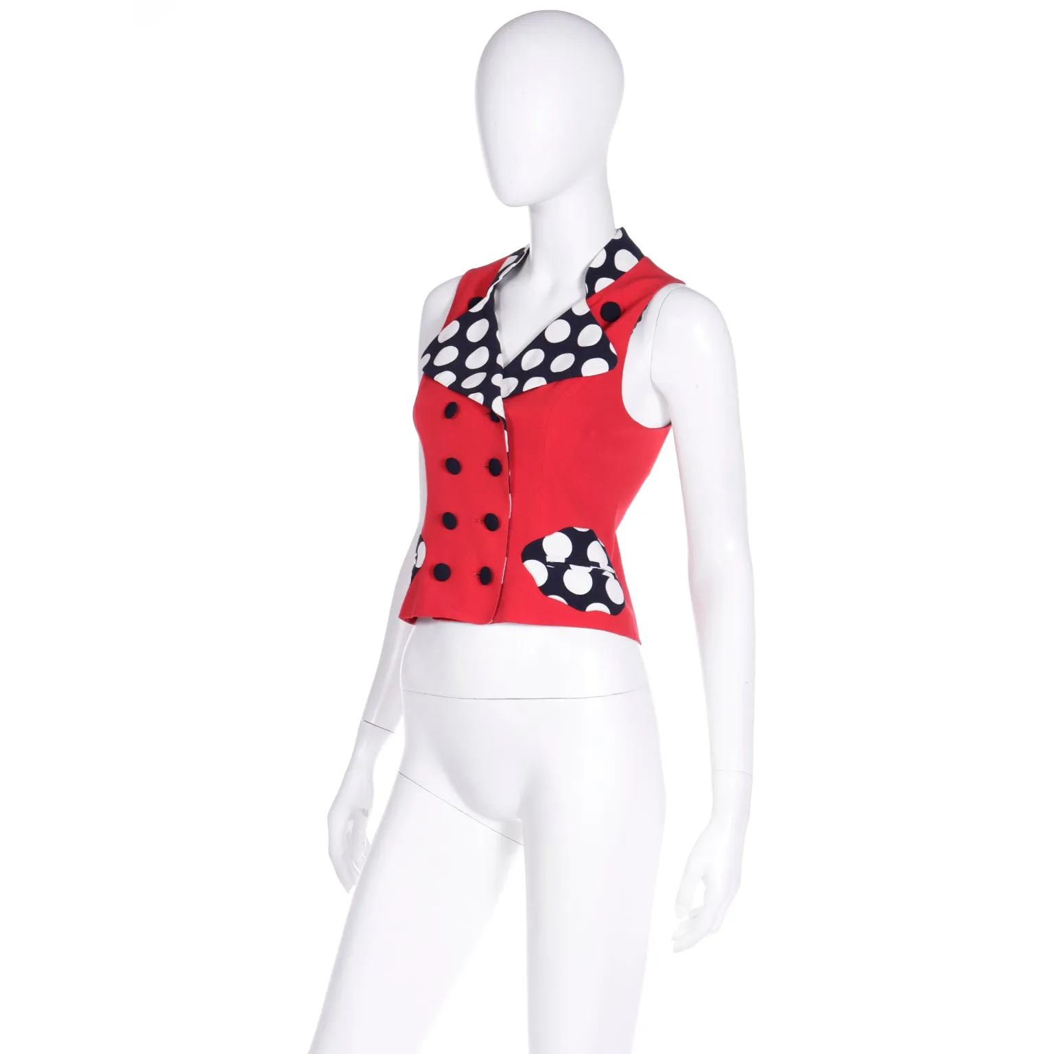 1990s Franco Moschino Red Vest w Black & White Polka Dots