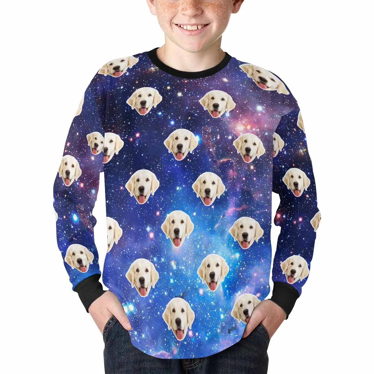 #7-16Y Custom Face Galaxy Kids' Rib Cuff Long Sleeve T-shirt