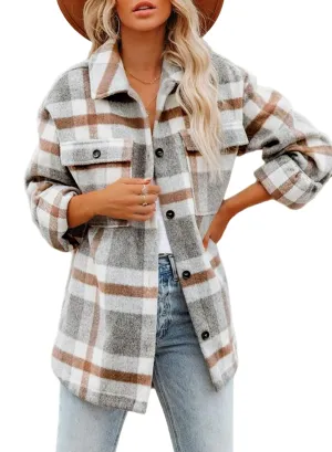 Beaully Women's Brushed Plaid Shirts Long Sleeve Flannel Lapel Button Down Pocketed Shacket Jacket Coats 6017 Khaki XX-Large