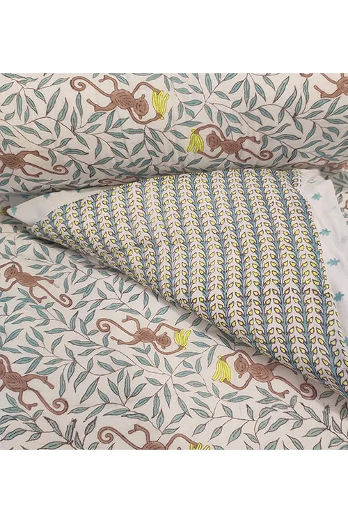 Earthen Nest Hand Block Printed Cotton Kids Quilt- Monkey Banana.