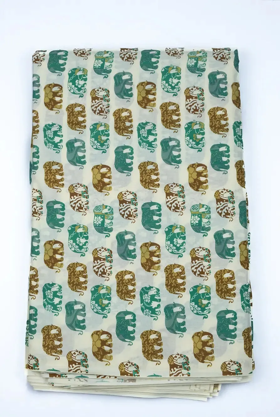 Elephanta Motif Print Green Fabric