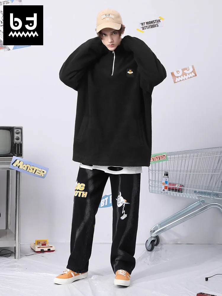 Embroidered embroidered half-zip stand-up collar drop shoulder sleeve fleece and fleece hoodie