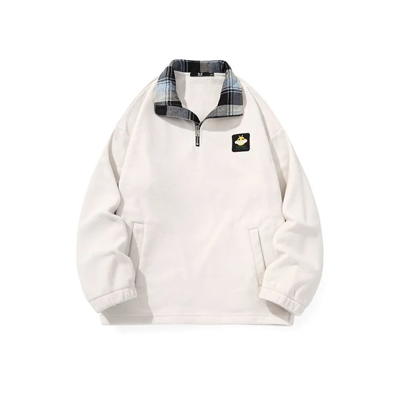 Embroidered embroidered half-zip stand-up collar drop shoulder sleeve fleece and fleece hoodie