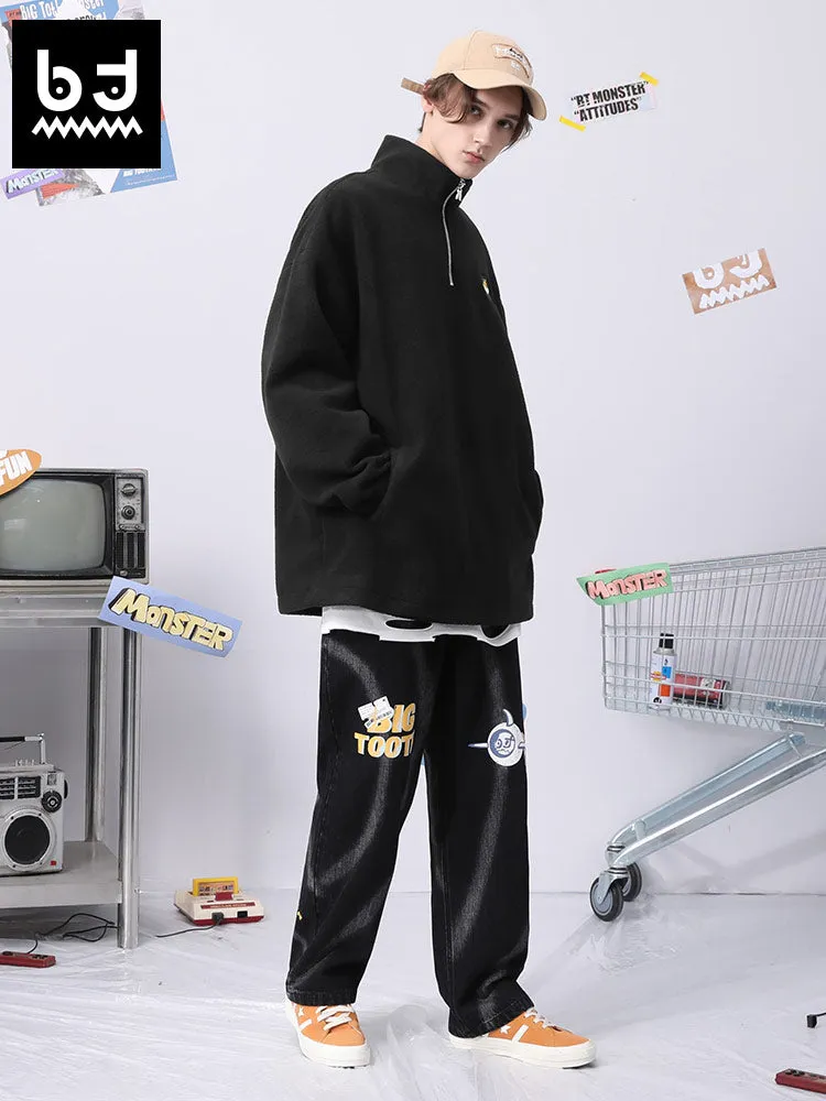 Embroidered embroidered half-zip stand-up collar drop shoulder sleeve fleece and fleece hoodie