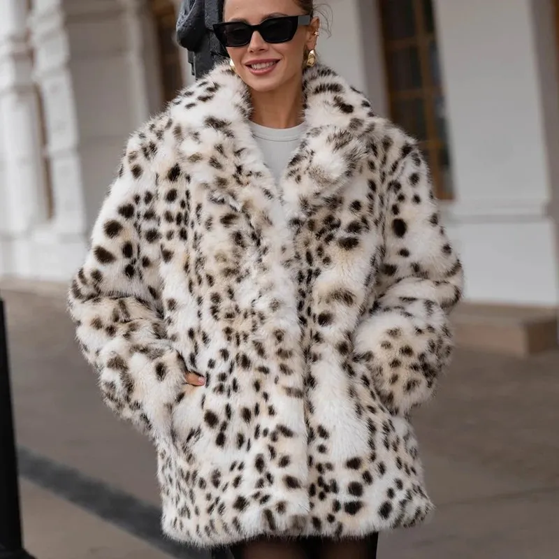 Exclusive Long Leopard Faux Fox Fur Coat Winter Fashion Fur Jacket