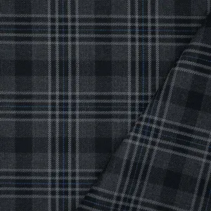 Gray-Blue-Multi Wool Polyester Plaid Check Twill Suiting Woven Fabric