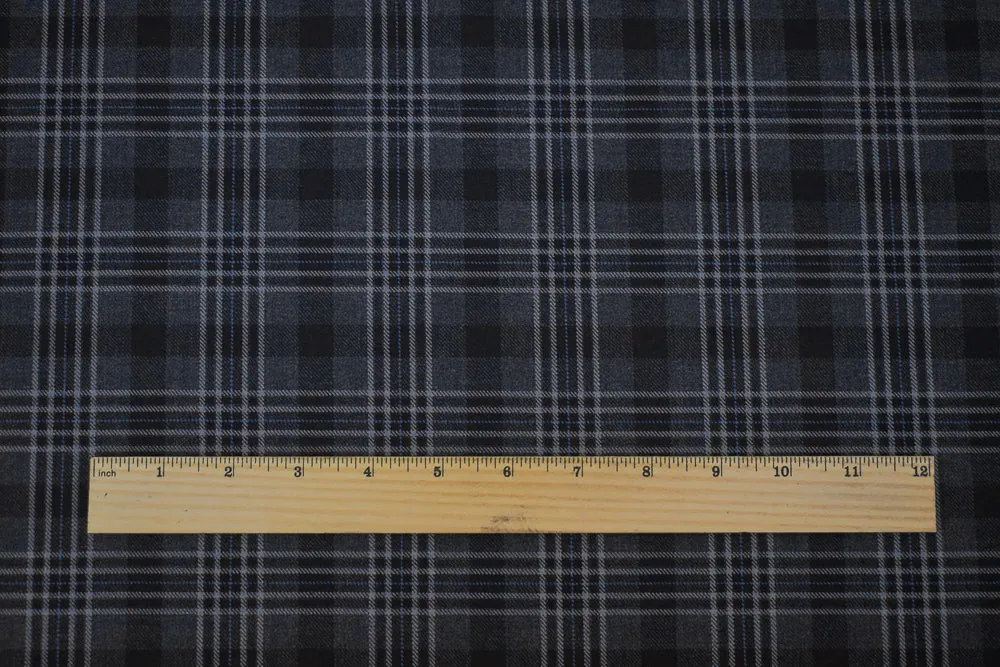 Gray-Blue-Multi Wool Polyester Plaid Check Twill Suiting Woven Fabric