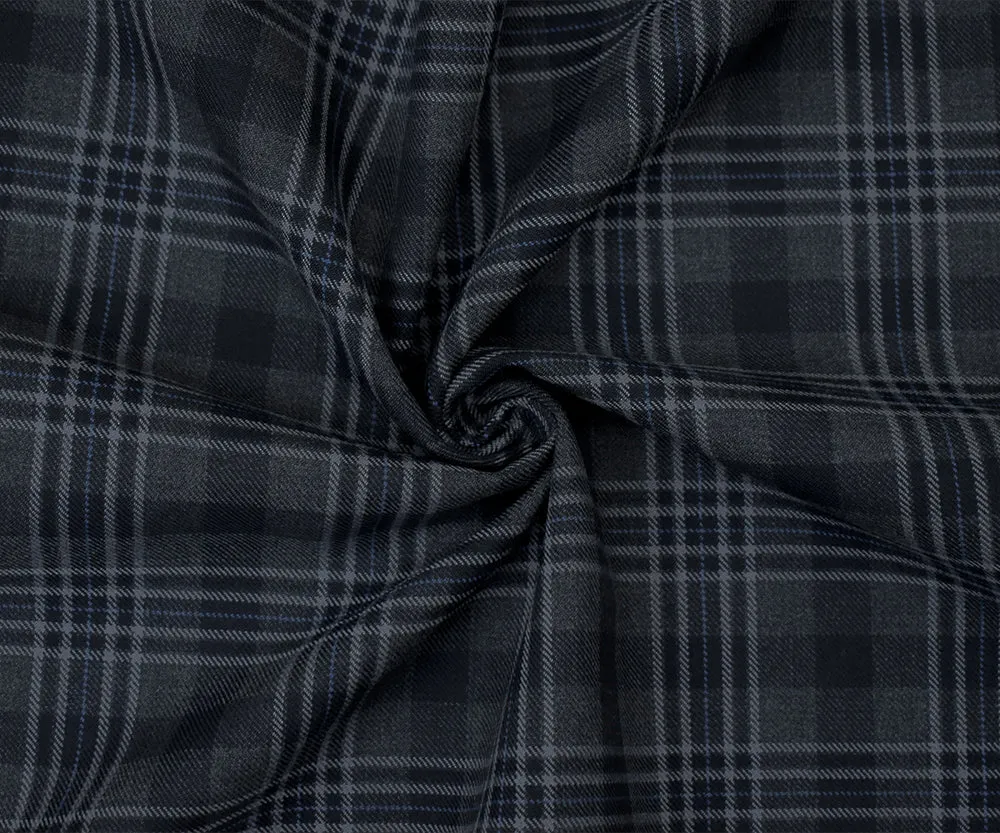 Gray-Blue-Multi Wool Polyester Plaid Check Twill Suiting Woven Fabric