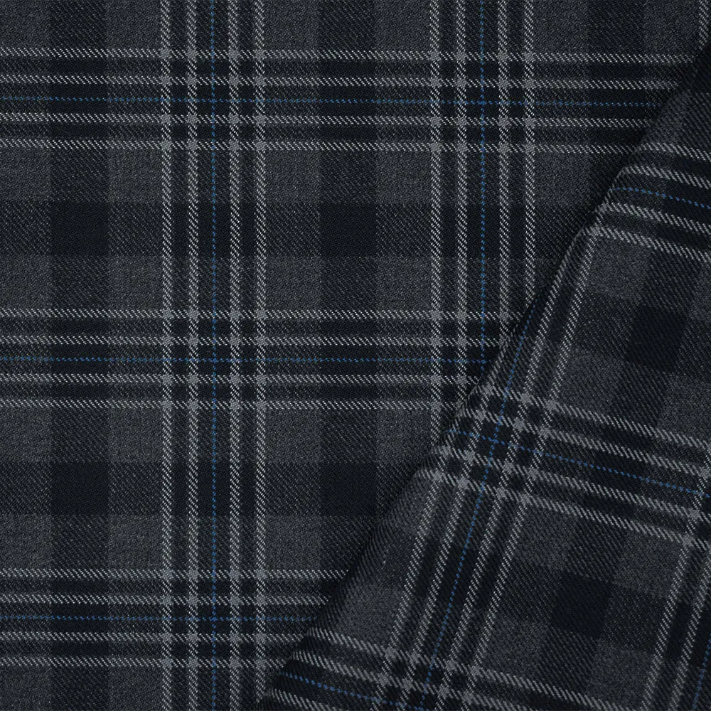 Gray-Blue-Multi Wool Polyester Plaid Check Twill Suiting Woven Fabric