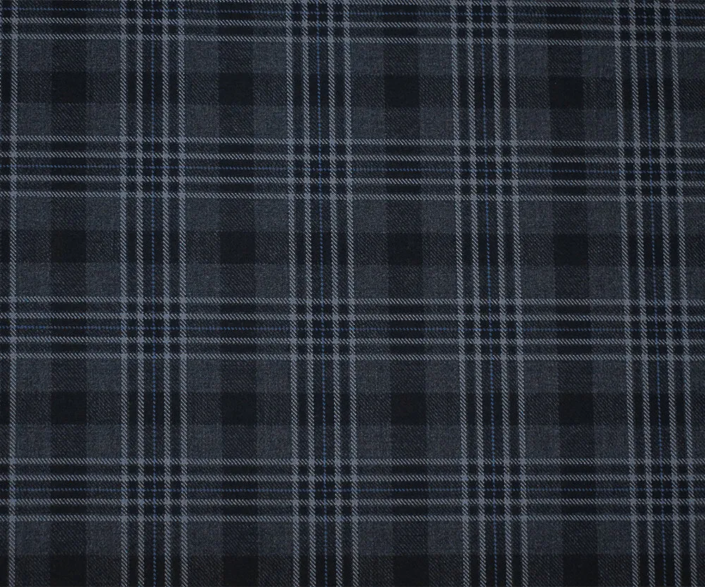 Gray-Blue-Multi Wool Polyester Plaid Check Twill Suiting Woven Fabric