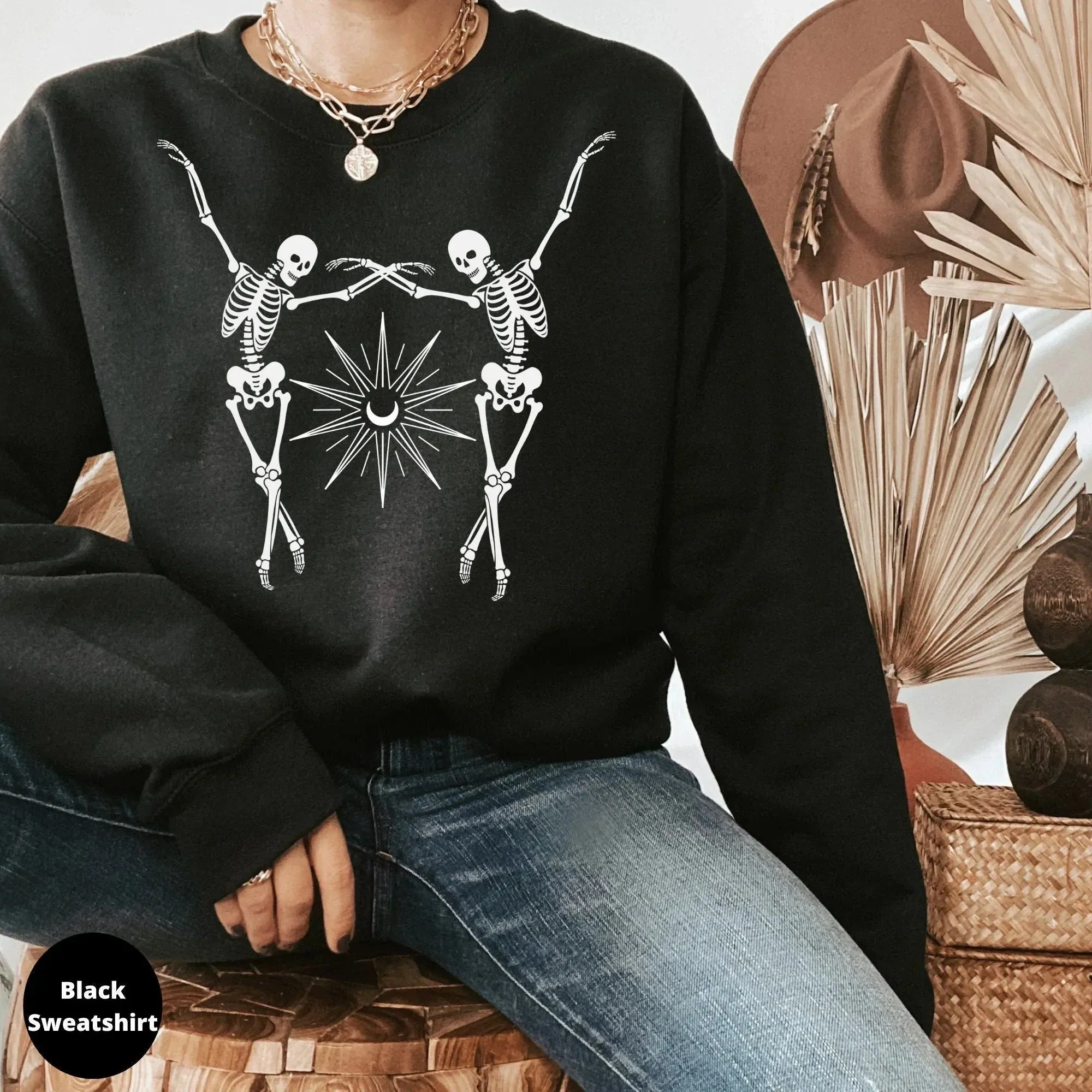 Halloween Sweatshirt, Gothic Tshirt, Dancing Skeletons, Fall Sweater, Skeleton Shirt, Mystical Women's Hoodie, Gift for Her, Fun Party Tee