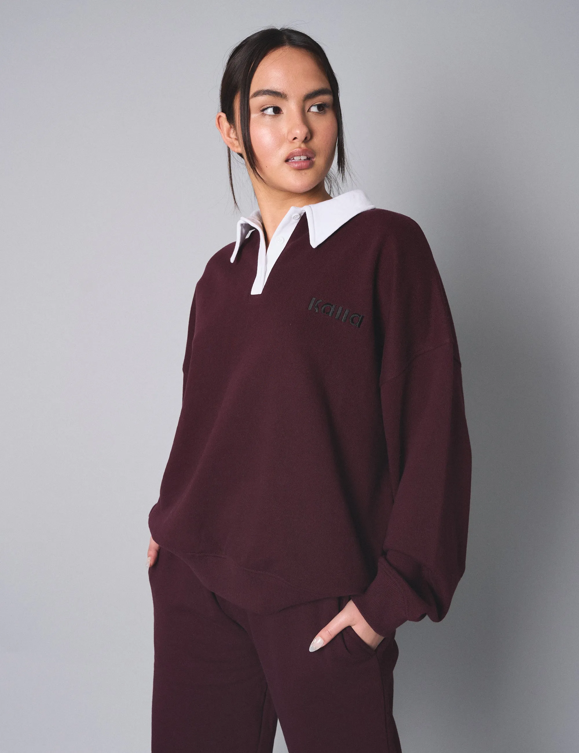 Kaiia Contrast Collar Oversized Rugby Sweatshirt Burgundy