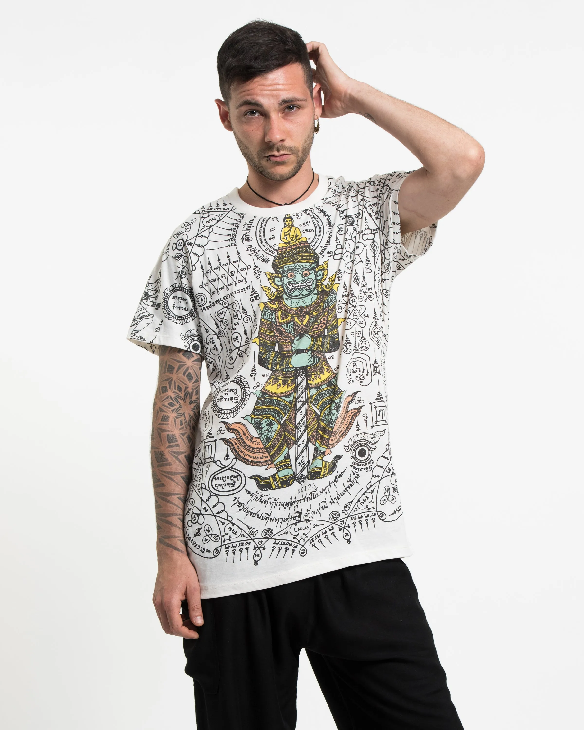 Mens Big Guardian Demon Tattoo T-Shirt in White