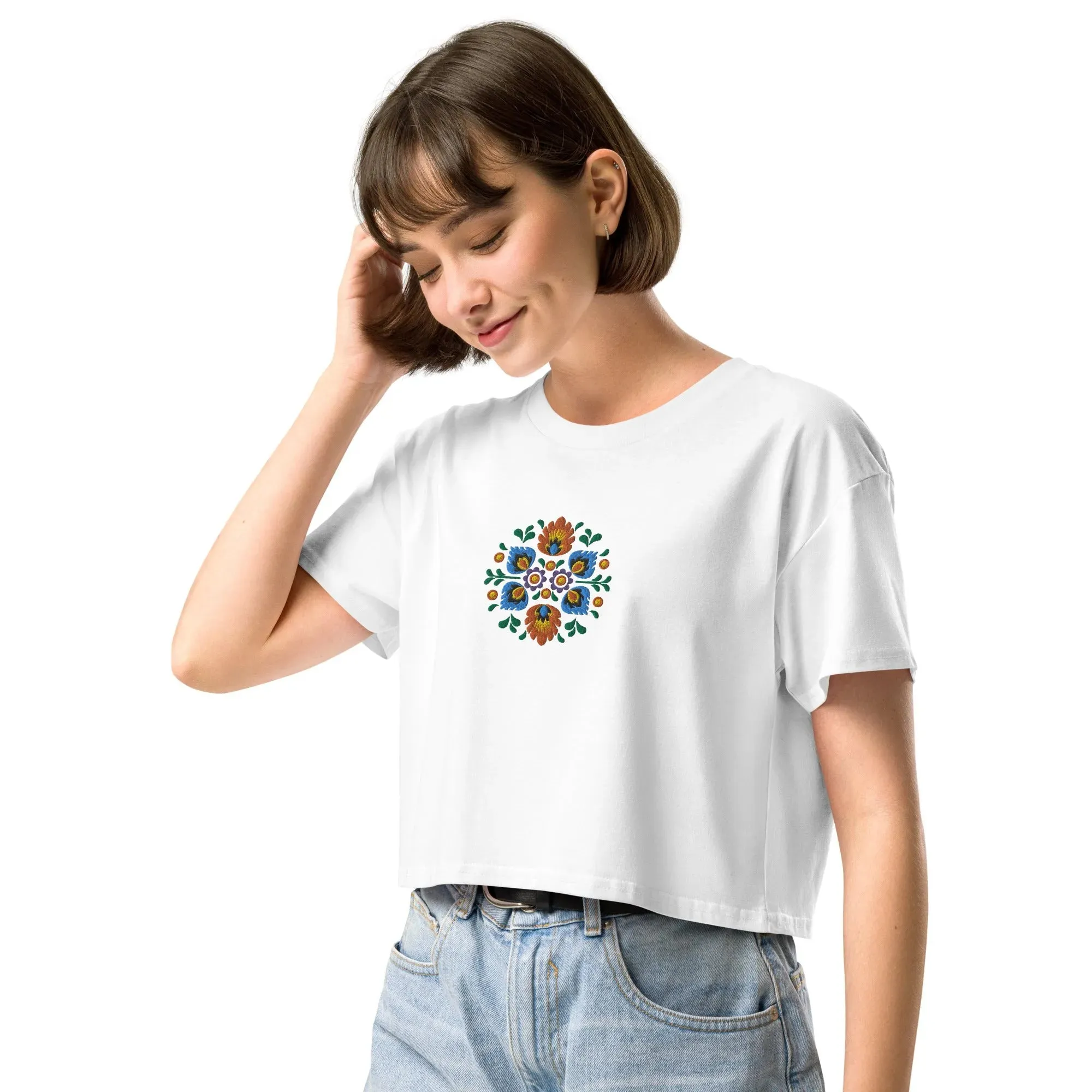 Polish Wycinanki Embroidered Cropped T-Shirt