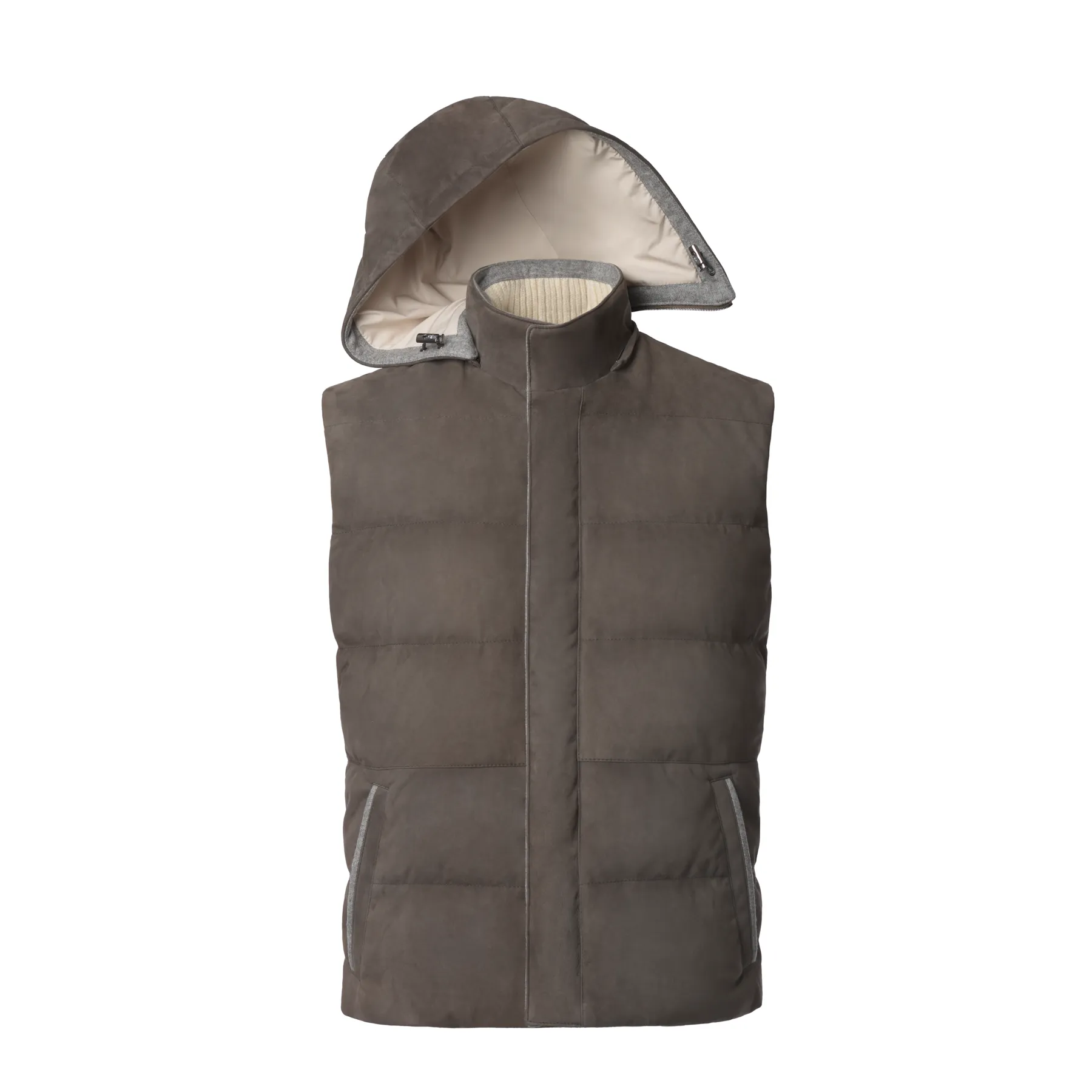 Quilted Hooded Suede Vest in Taupe