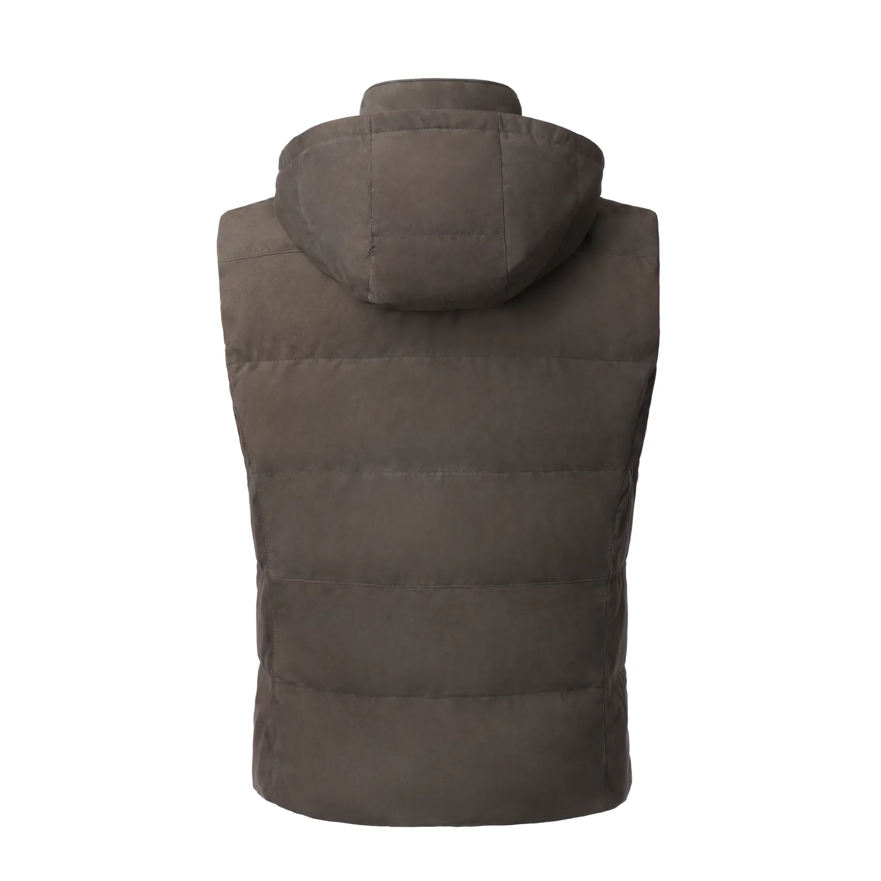 Quilted Hooded Suede Vest in Taupe