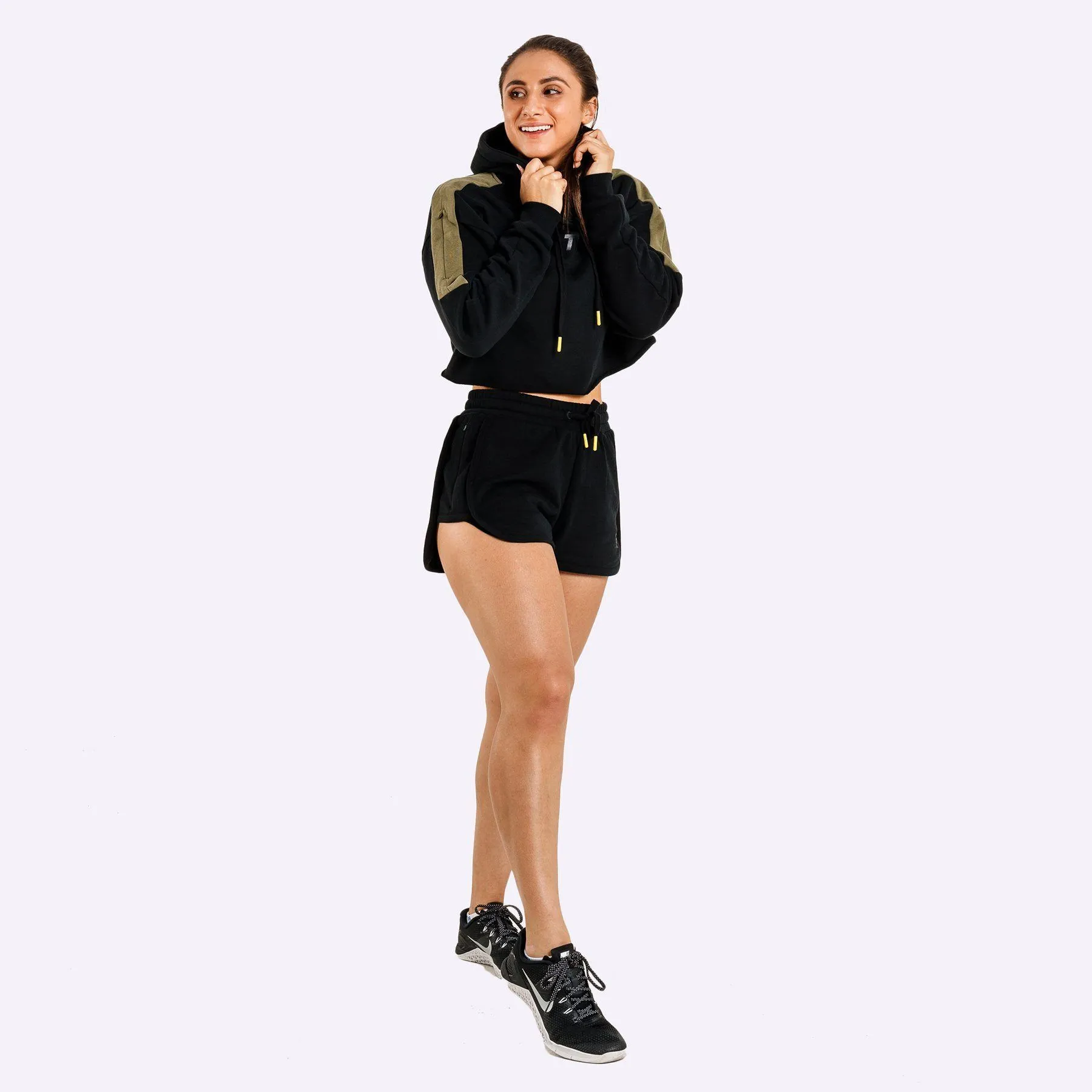 The WOD Life - Women's Wanderer Cropped Hoodie and Pants Set - Black/Khaki