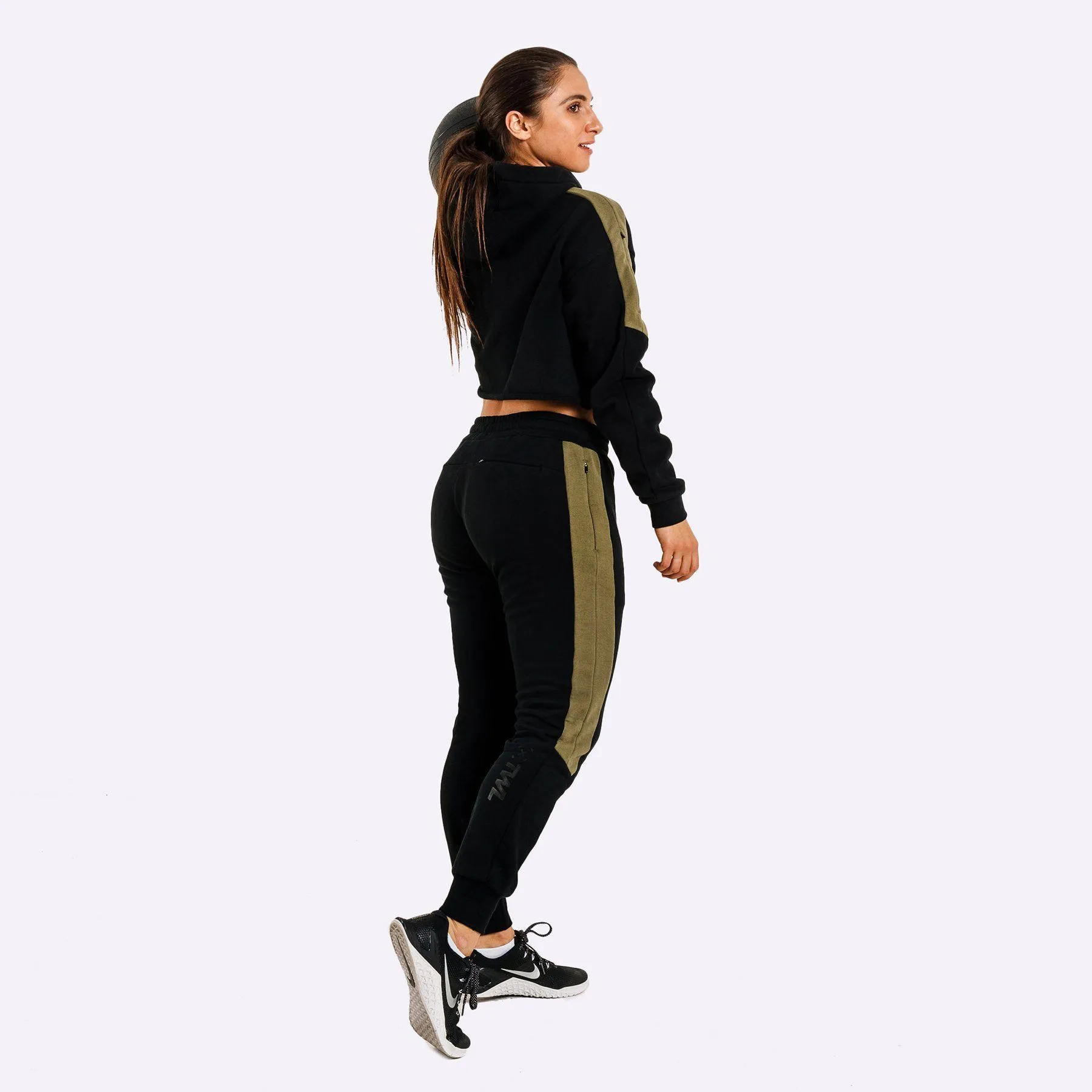 The WOD Life - Women's Wanderer Cropped Hoodie and Pants Set - Black/Khaki