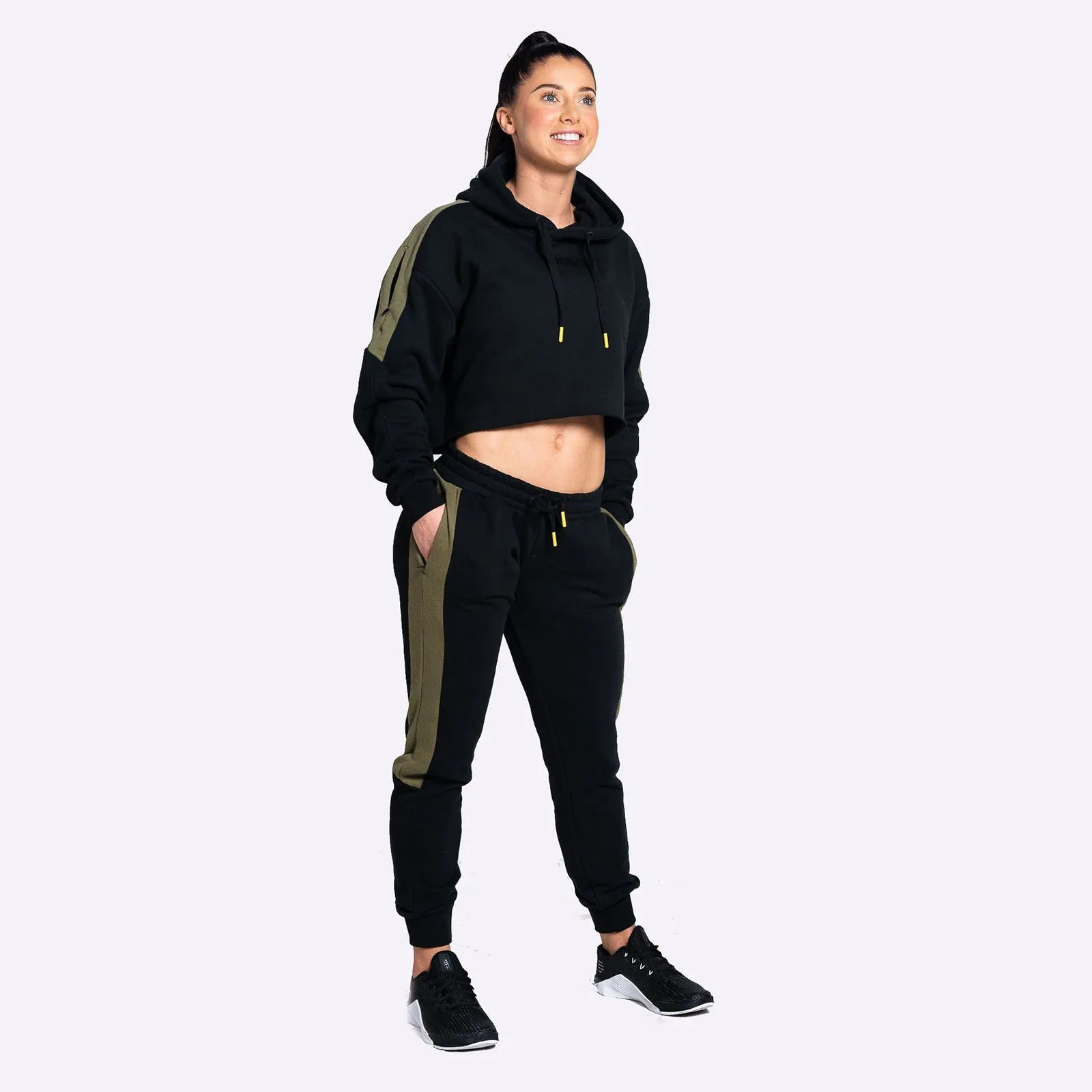 The WOD Life - Women's Wanderer Cropped Hoodie and Pants Set - Black/Khaki