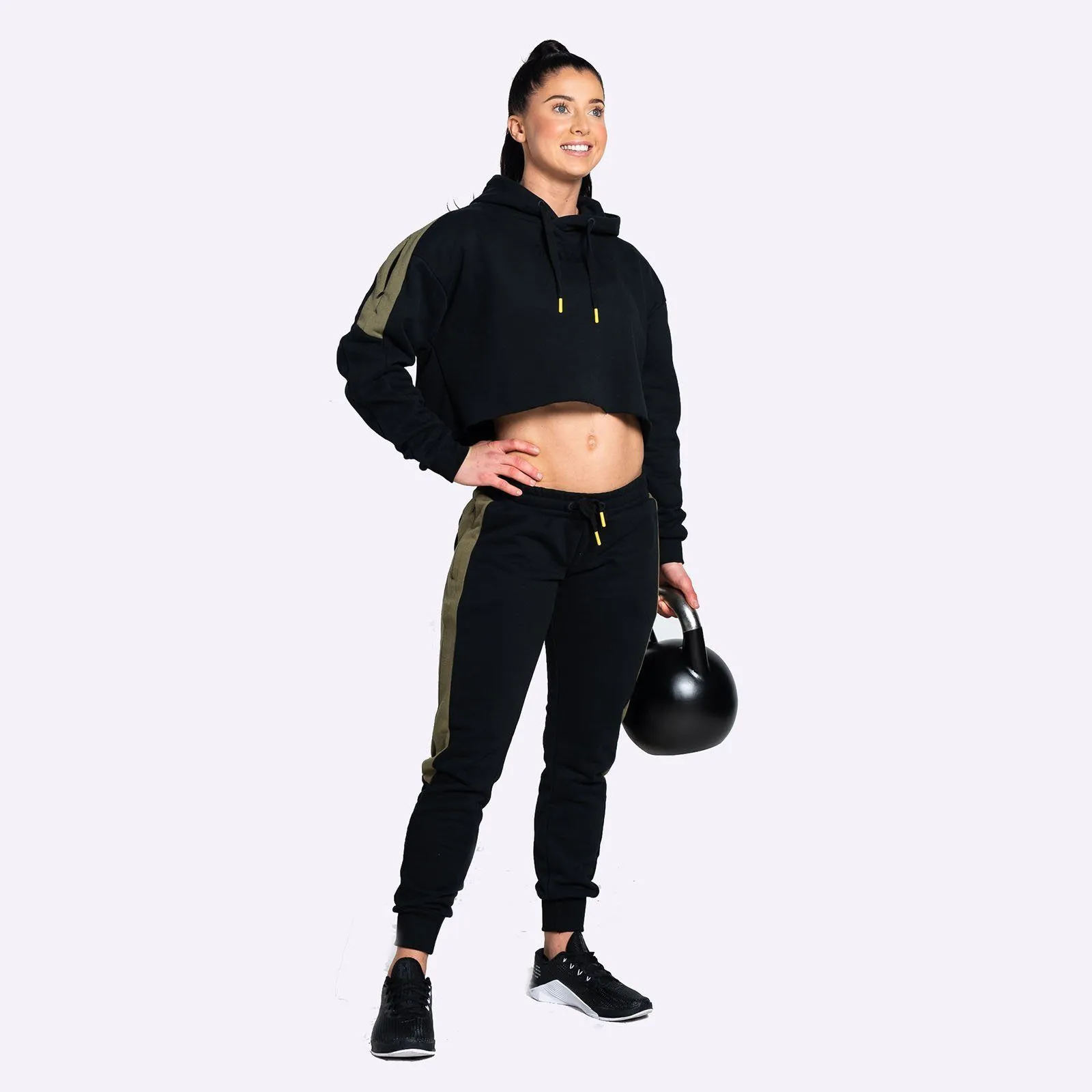 The WOD Life - Women's Wanderer Cropped Hoodie and Pants Set - Black/Khaki