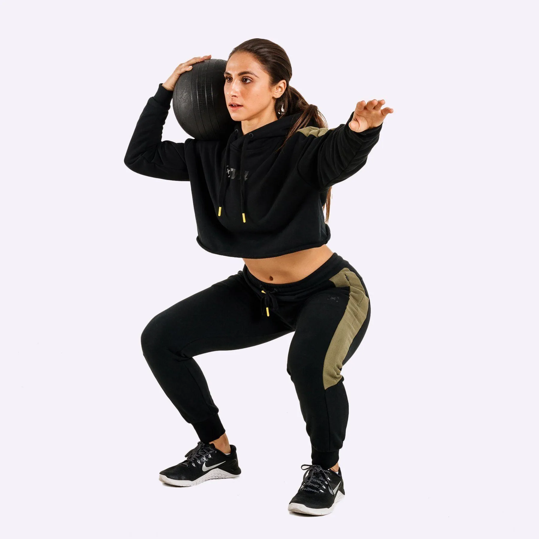 The WOD Life - Women's Wanderer Cropped Hoodie and Pants Set - Black/Khaki