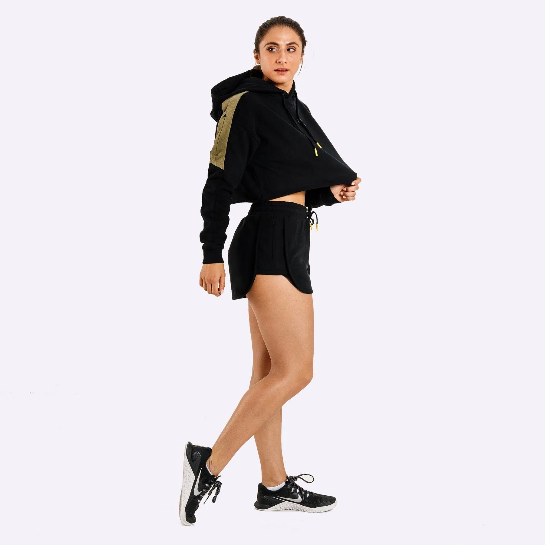 The WOD Life - Women's Wanderer Cropped Hoodie and Pants Set - Black/Khaki