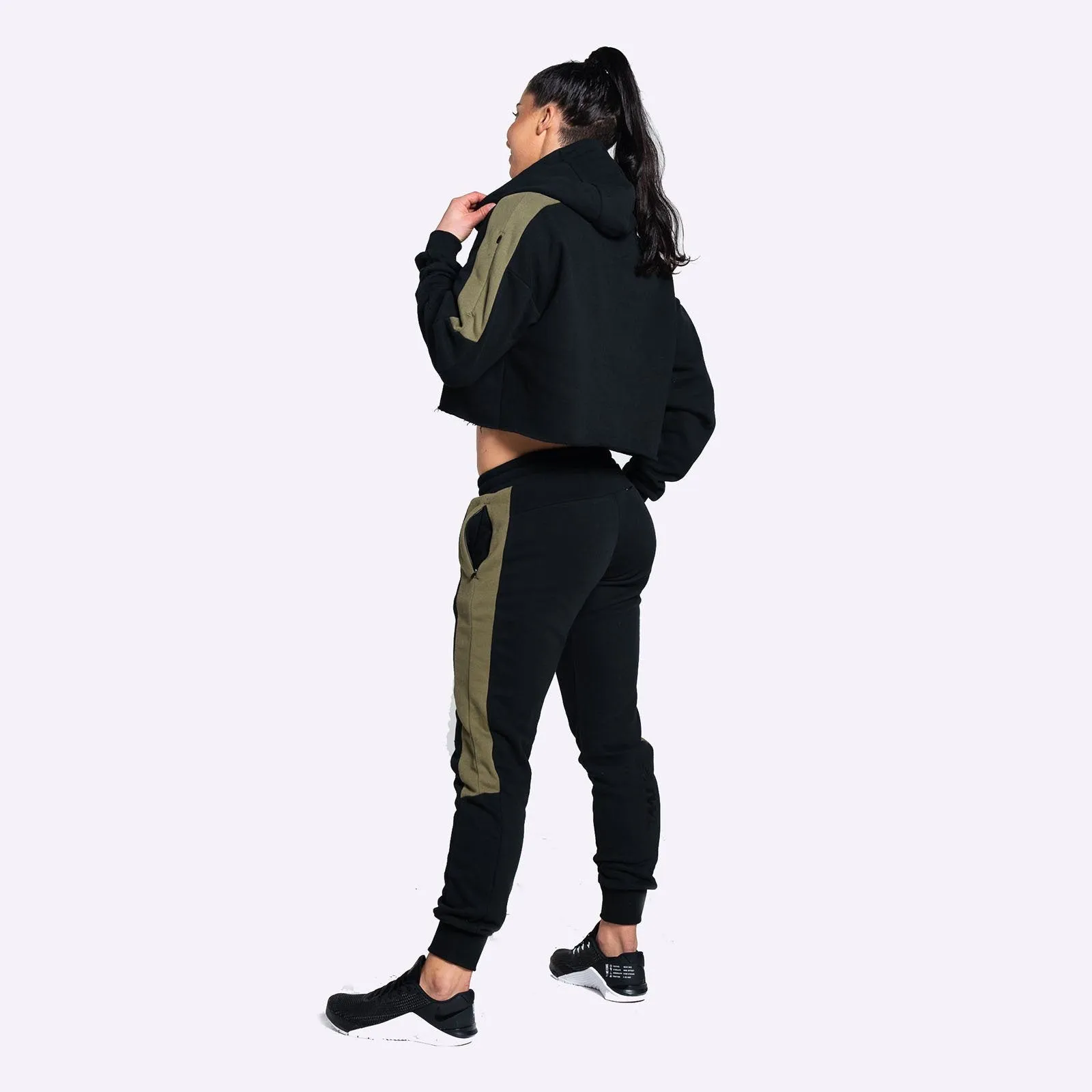 The WOD Life - Women's Wanderer Cropped Hoodie and Pants Set - Black/Khaki