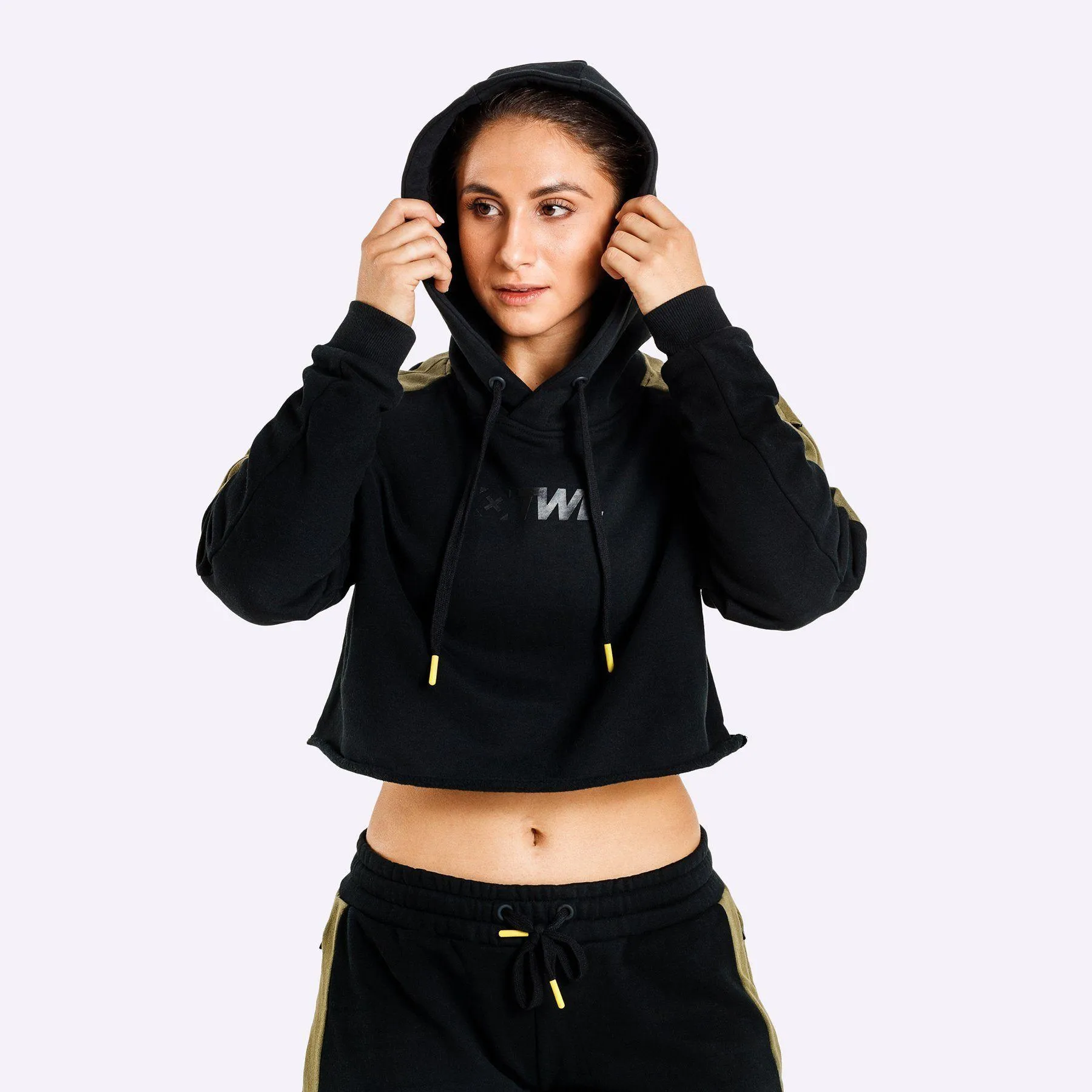 The WOD Life - Women's Wanderer Cropped Hoodie and Pants Set - Black/Khaki