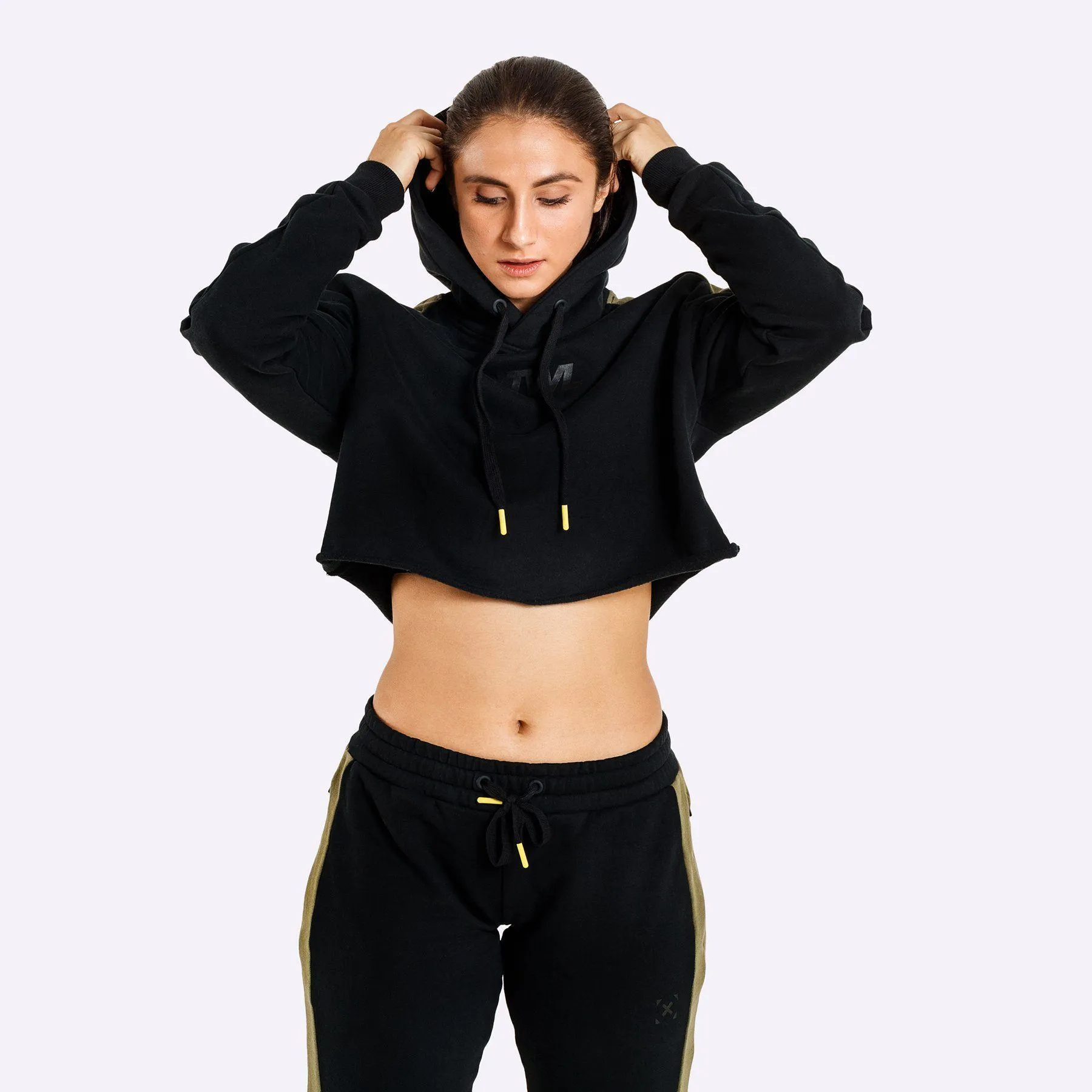 The WOD Life - Women's Wanderer Cropped Hoodie and Pants Set - Black/Khaki