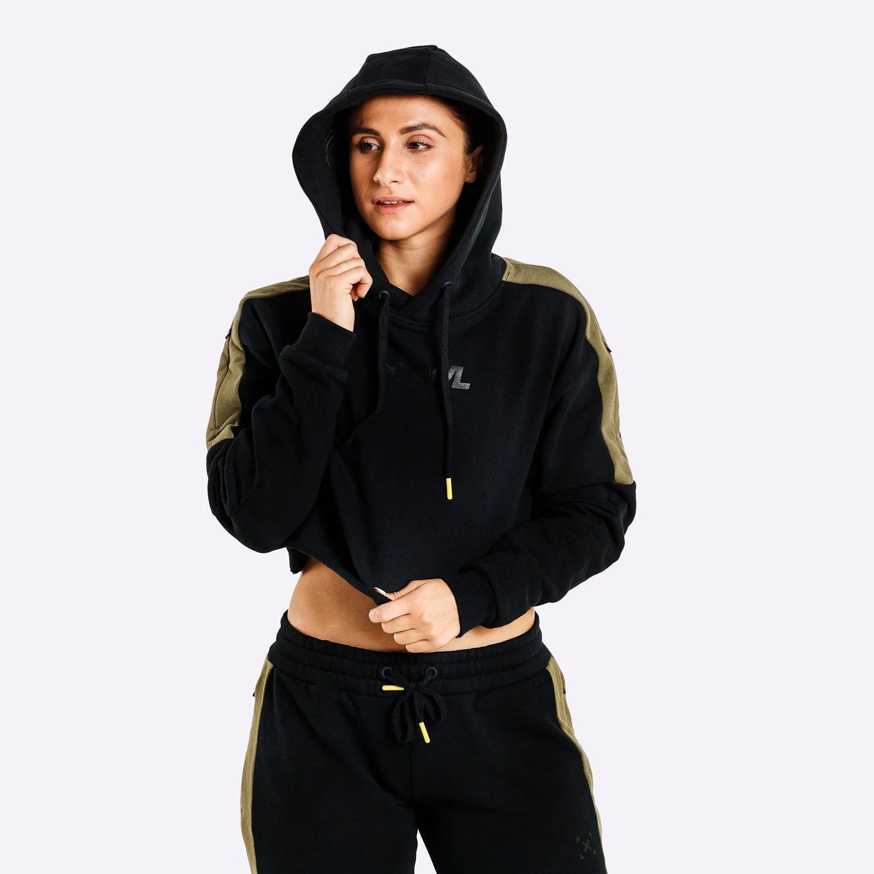 The WOD Life - Women's Wanderer Cropped Hoodie and Pants Set - Black/Khaki