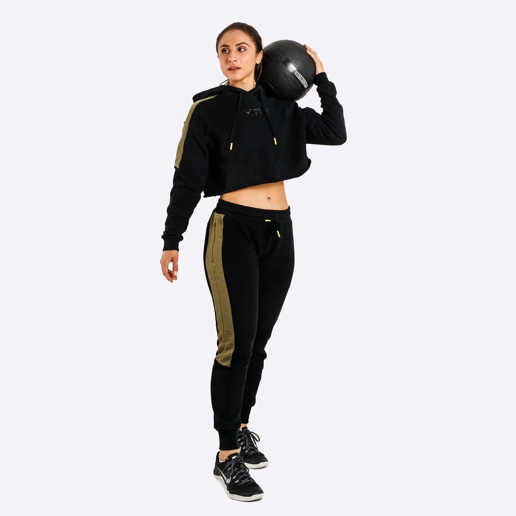 The WOD Life - Women's Wanderer Cropped Hoodie and Pants Set - Black/Khaki