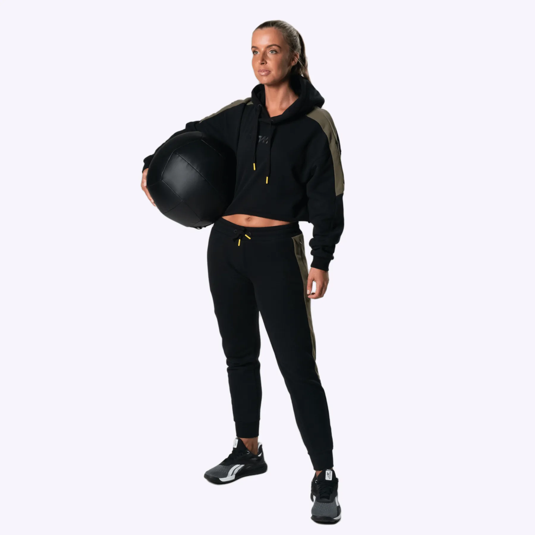 The WOD Life - Women's Wanderer Cropped Hoodie and Pants Set - Black/Khaki