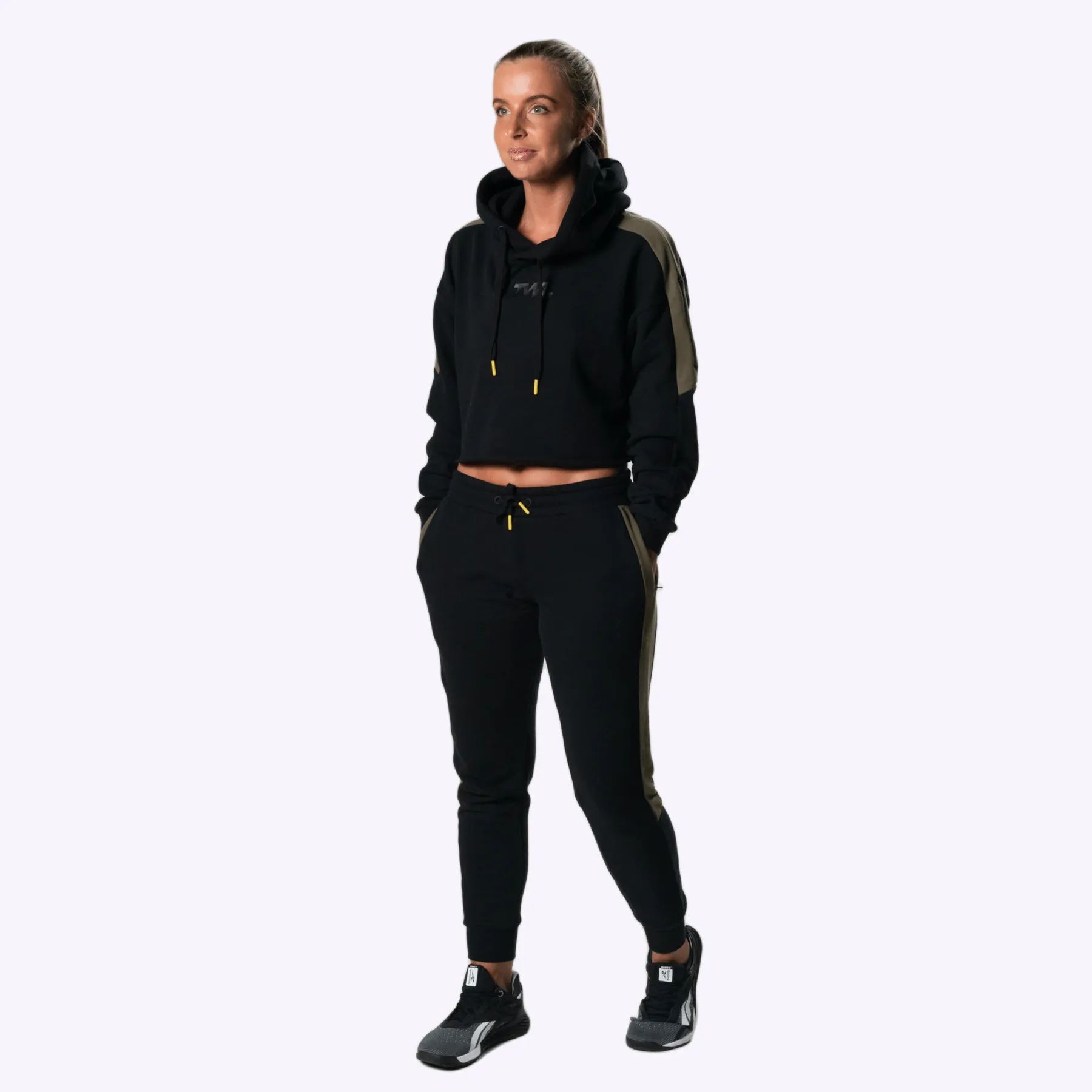 The WOD Life - Women's Wanderer Cropped Hoodie and Pants Set - Black/Khaki