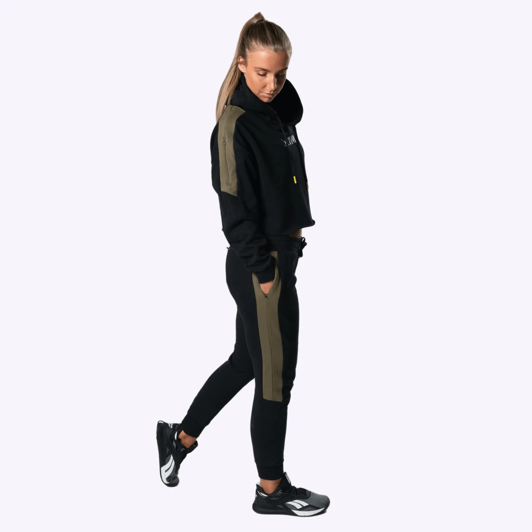 The WOD Life - Women's Wanderer Cropped Hoodie and Pants Set - Black/Khaki