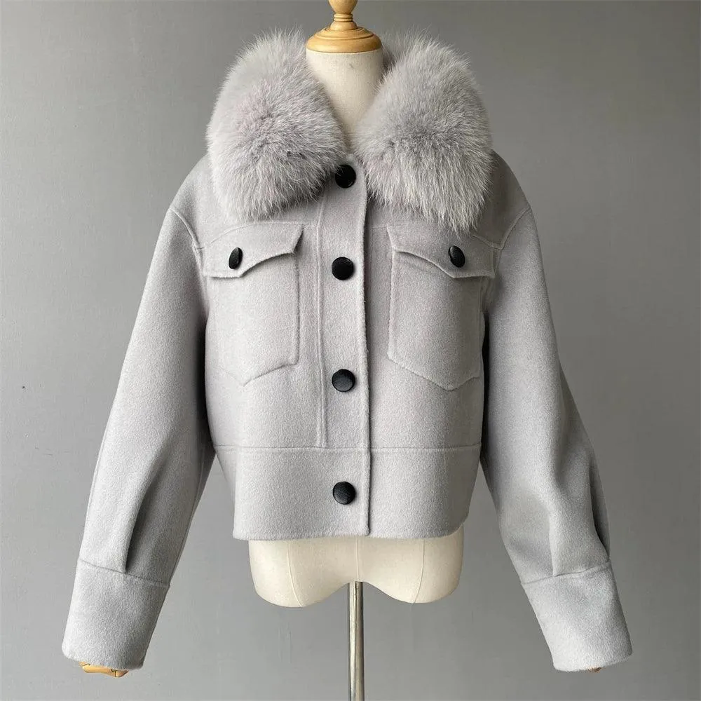 Women's Cashmere Wool Coat with Real Fur Collar – Winter Cropped Jacket, Full Sleeves, Pocketed Streetwear Outerwear