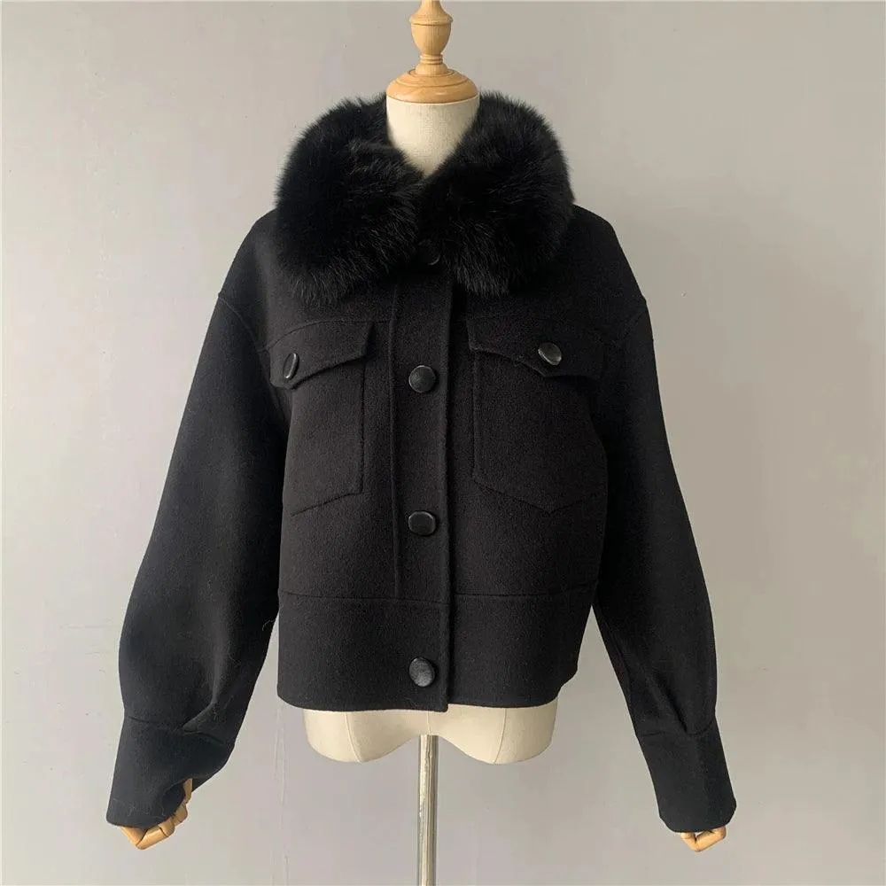 Women's Cashmere Wool Coat with Real Fur Collar – Winter Cropped Jacket, Full Sleeves, Pocketed Streetwear Outerwear