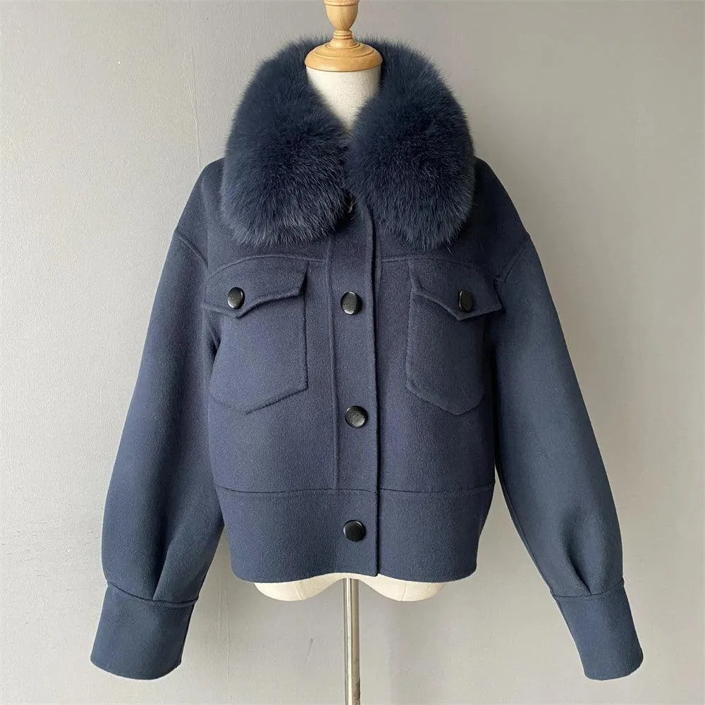 Women's Cashmere Wool Coat with Real Fur Collar – Winter Cropped Jacket, Full Sleeves, Pocketed Streetwear Outerwear