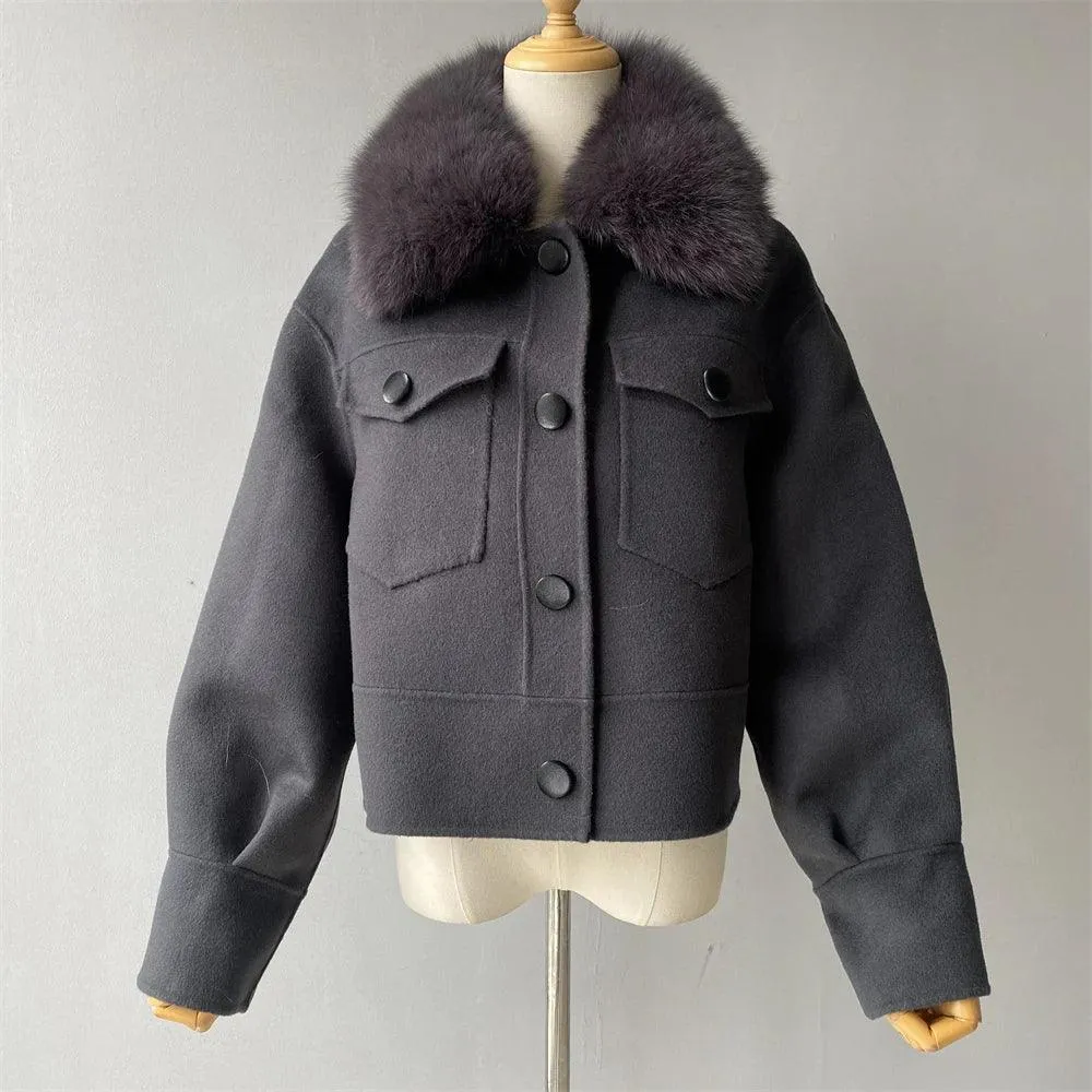 Women's Cashmere Wool Coat with Real Fur Collar – Winter Cropped Jacket, Full Sleeves, Pocketed Streetwear Outerwear