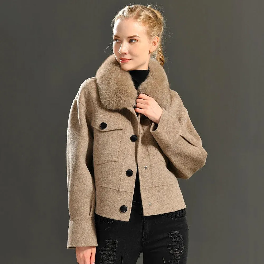 Women's Cashmere Wool Coat with Real Fur Collar – Winter Cropped Jacket, Full Sleeves, Pocketed Streetwear Outerwear