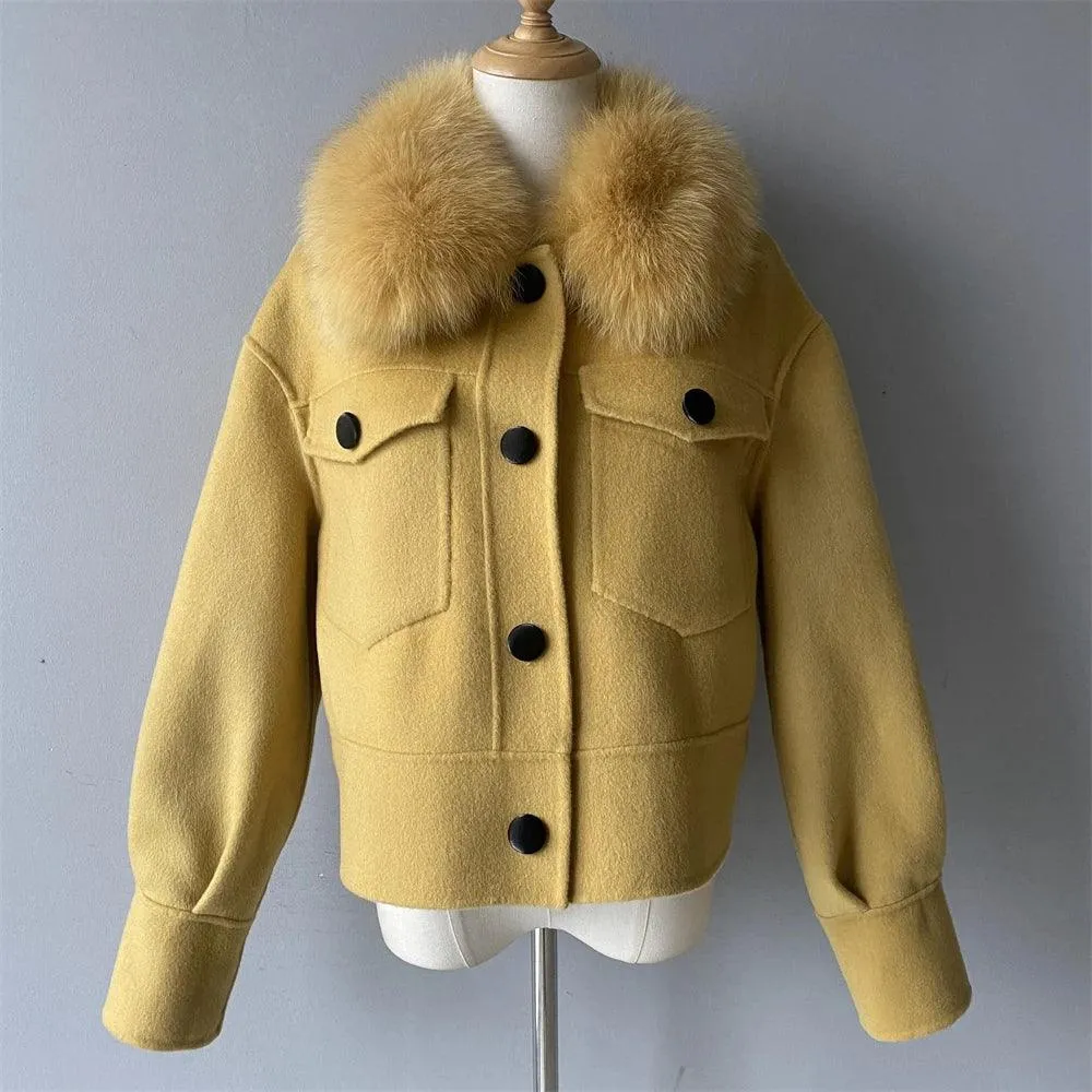 Women's Cashmere Wool Coat with Real Fur Collar – Winter Cropped Jacket, Full Sleeves, Pocketed Streetwear Outerwear