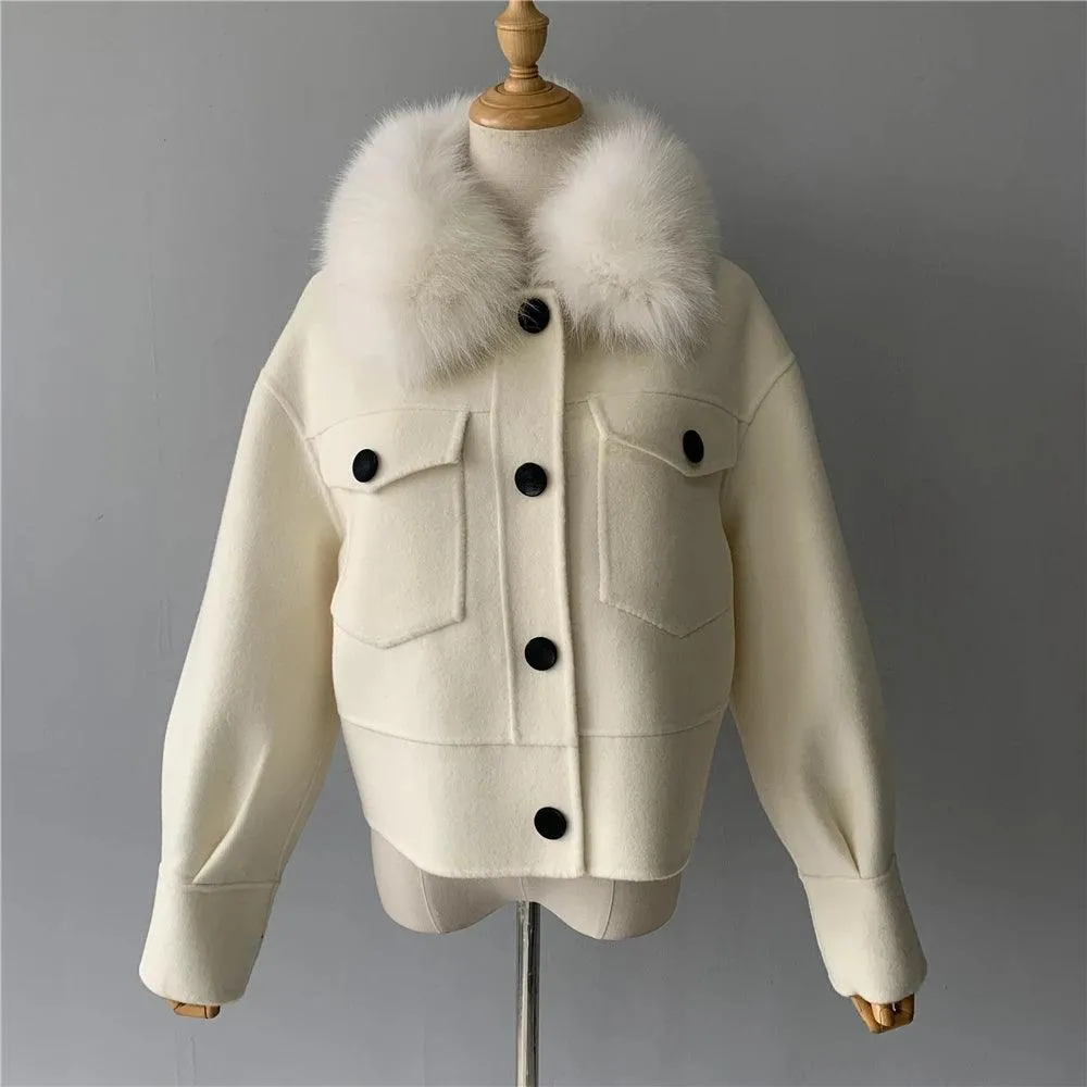 Women's Cashmere Wool Coat with Real Fur Collar – Winter Cropped Jacket, Full Sleeves, Pocketed Streetwear Outerwear