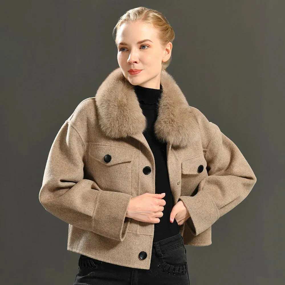 Women's Cashmere Wool Coat with Real Fur Collar – Winter Cropped Jacket, Full Sleeves, Pocketed Streetwear Outerwear