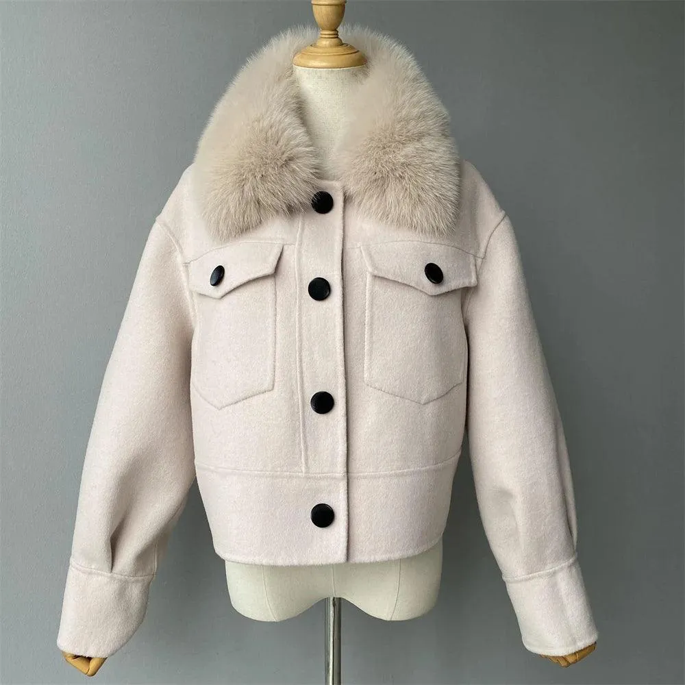 Women's Cashmere Wool Coat with Real Fur Collar – Winter Cropped Jacket, Full Sleeves, Pocketed Streetwear Outerwear