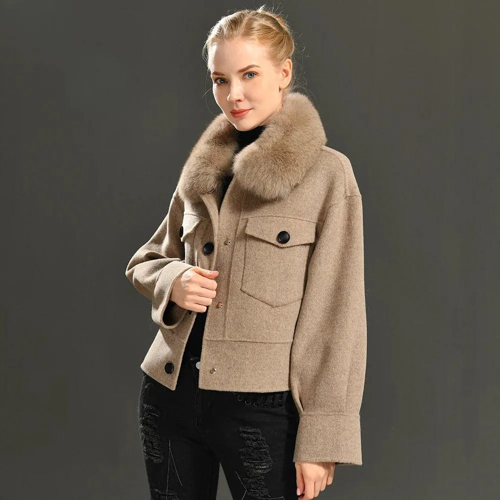 Women's Cashmere Wool Coat with Real Fur Collar – Winter Cropped Jacket, Full Sleeves, Pocketed Streetwear Outerwear